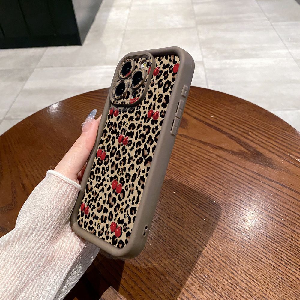for iPhone 15 Pro Max 14 Plus 13 12 11 XR 8 7 SE 2022 XS Leopard Lip Cherry Full Protective Phone Case Anti Drop Cover