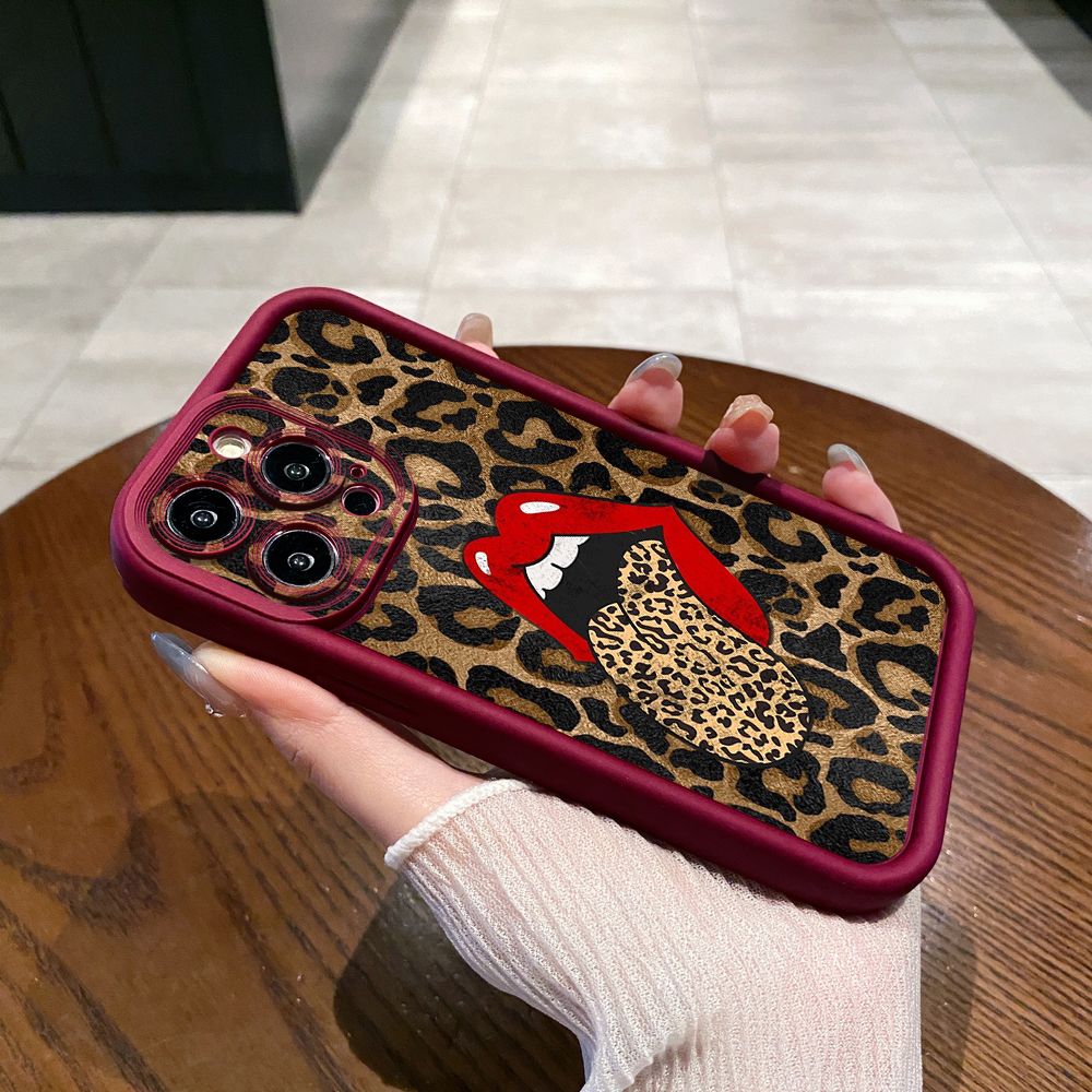 for iPhone 15 Pro Max 14 Plus 13 12 11 XR 8 7 SE 2022 XS Leopard Lip Cherry Full Protective Phone Case Anti Drop Cover