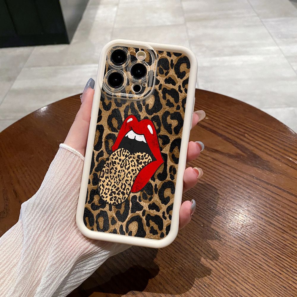 for iPhone 15 Pro Max 14 Plus 13 12 11 XR 8 7 SE 2022 XS Leopard Lip Cherry Full Protective Phone Case Anti Drop Cover