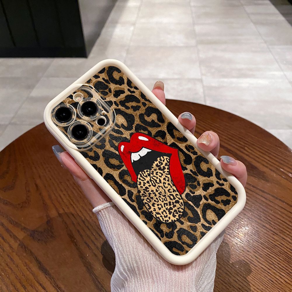 for iPhone 15 Pro Max 14 Plus 13 12 11 XR 8 7 SE 2022 XS Leopard Lip Cherry Full Protective Phone Case Anti Drop Cover