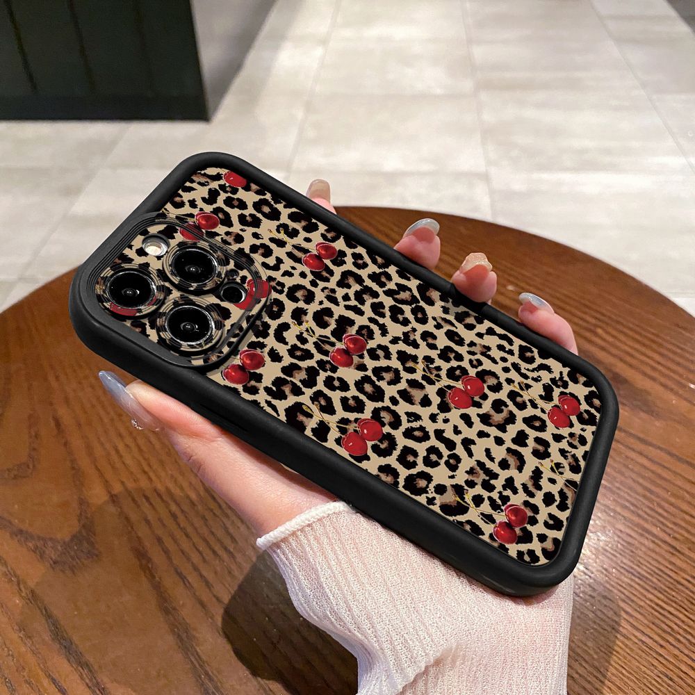 for iPhone 15 Pro Max 14 Plus 13 12 11 XR 8 7 SE 2022 XS Leopard Lip Cherry Full Protective Phone Case Anti Drop Cover