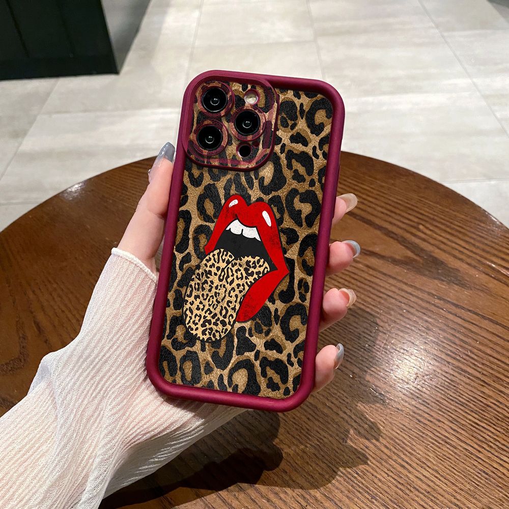 for iPhone 15 Pro Max 14 Plus 13 12 11 XR 8 7 SE 2022 XS Leopard Lip Cherry Full Protective Phone Case Anti Drop Cover