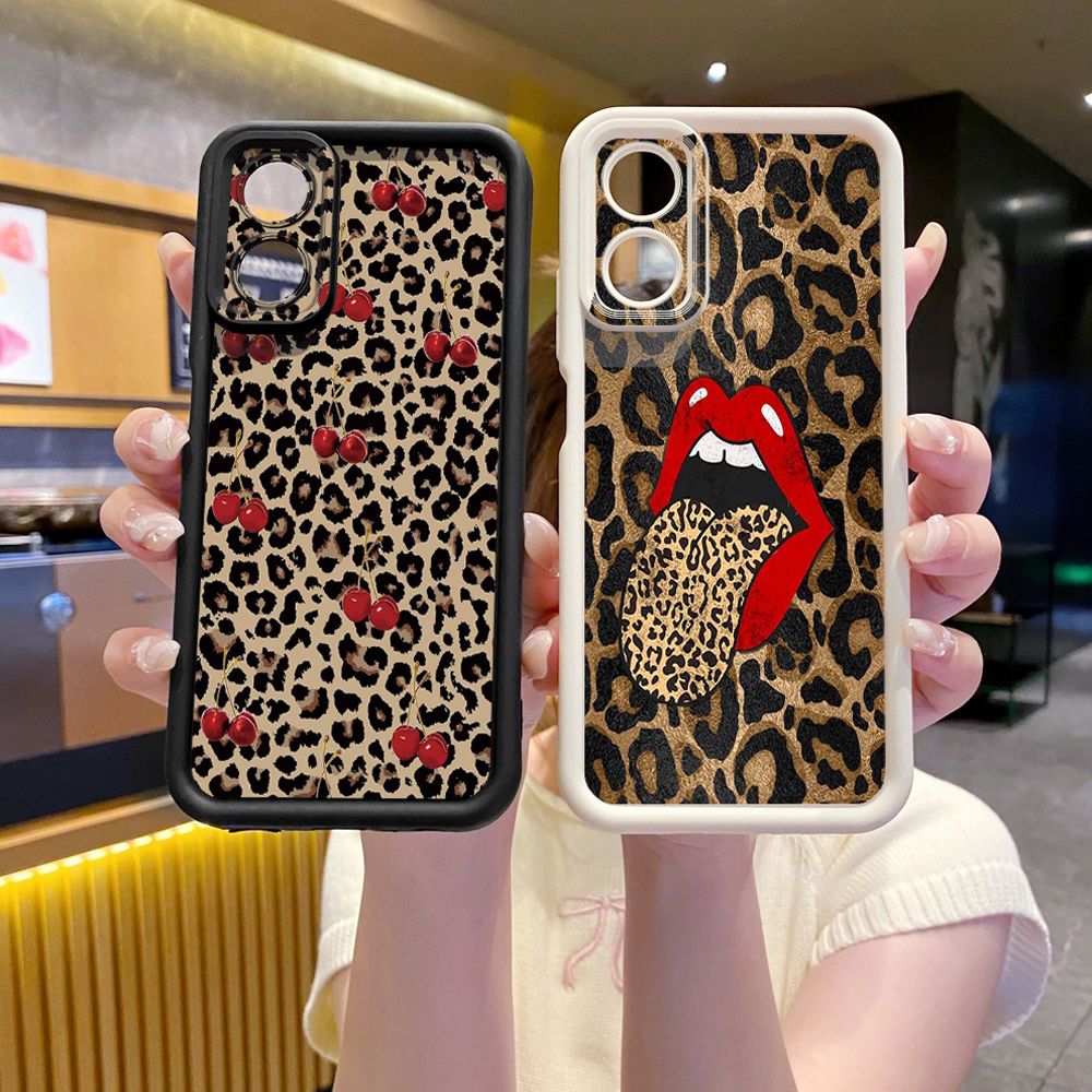 for Realme C67 C53 C51 Note 50 C21Y C25Y C33 C30 C35 9i Leopard Lip Cherry Full Protective Phone Case Anti Drop Cover