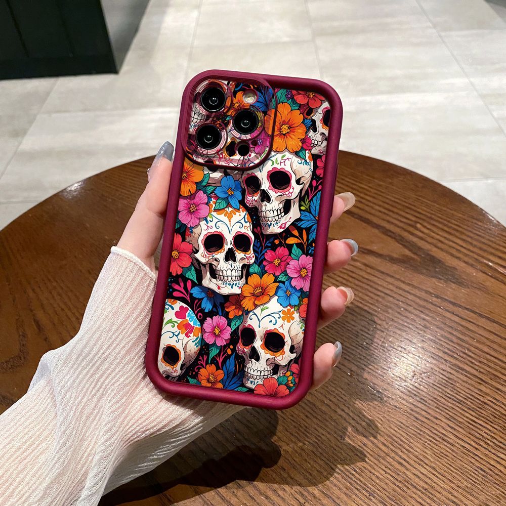 for iPhone 15 Pro Max 14 Plus 13 12 11 XR 8 7 SE 2022 XS Skull Flower Full Protective Phone Case Anti Drop Cover
