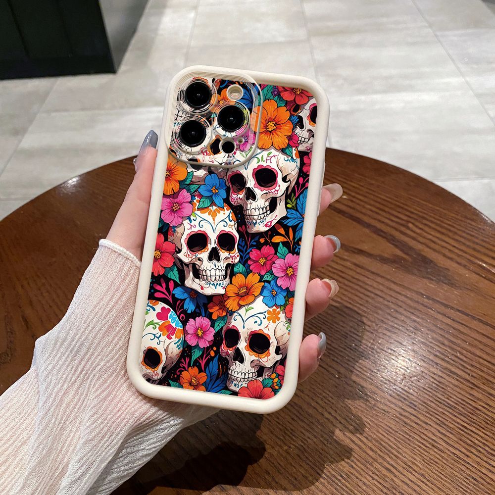for iPhone 15 Pro Max 14 Plus 13 12 11 XR 8 7 SE 2022 XS Skull Flower Full Protective Phone Case Anti Drop Cover