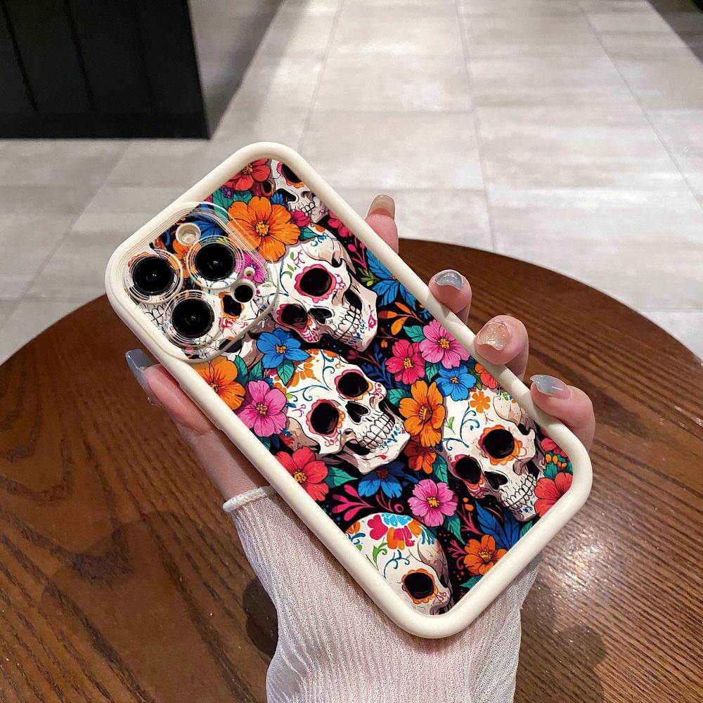 for iPhone 15 Pro Max 14 Plus 13 12 11 XR 8 7 SE 2022 XS Skull Flower Full Protective Phone Case Anti Drop Cover