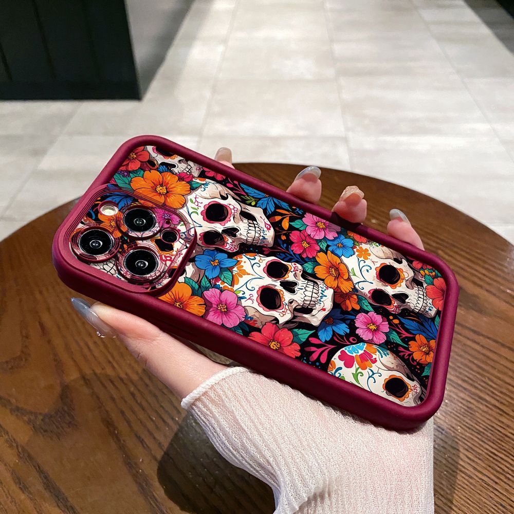 for iPhone 15 Pro Max 14 Plus 13 12 11 XR 8 7 SE 2022 XS Skull Flower Full Protective Phone Case Anti Drop Cover