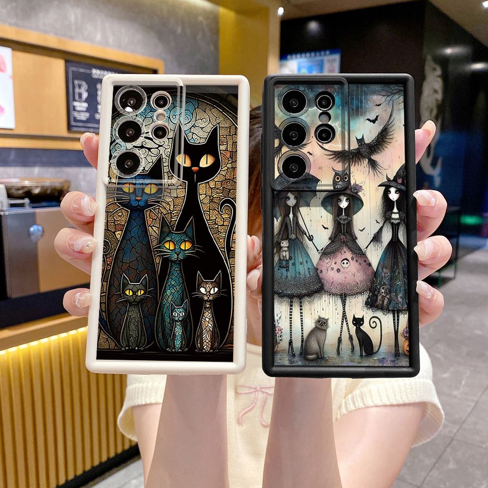for Samsung Galaxy S24 S23 Ultra S22 Plus S21 FE S20 Black Cat Magic Girls Full Protective Phone Case Anti Drop Cover