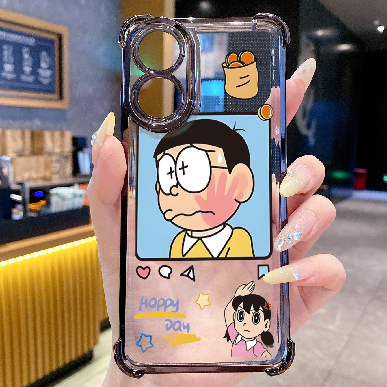 for OPPO A38 A5 Pro Realme C63 C51 C75 VIVO Plating Phone Case Shockproof Cover Nobita Nobi Minamoto Shizuka Couple