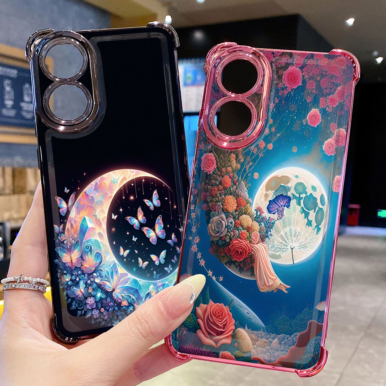 for OPPO A38 A5 Pro Realme C63 C51 C75 VIVO Plating Phone Case Shockproof Cover Moon Butterfly Flower