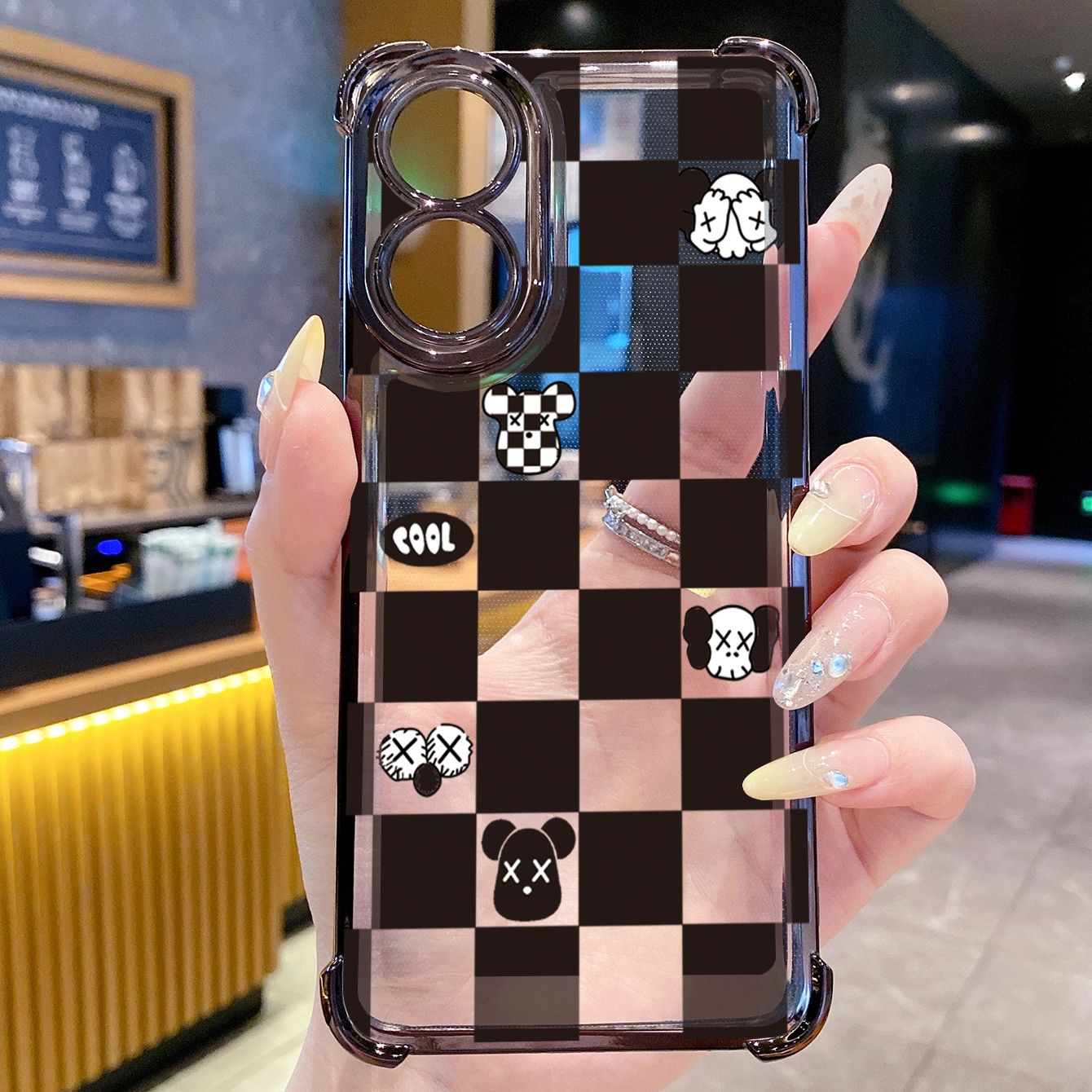 for OPPO A38 A5 Pro Realme C63 C51 C75 VIVO Plating Phone Case Shockproof Cover Plaid Kaws Bear