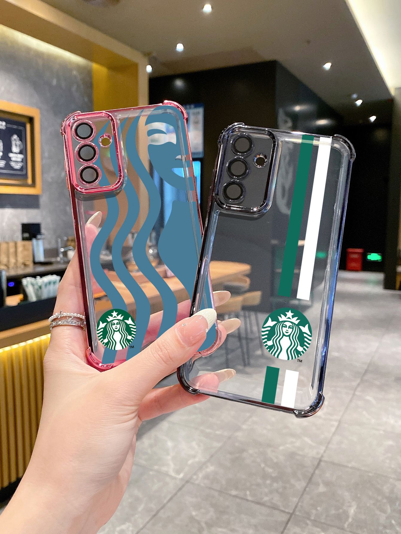 For Samsung Galaxy A15 A05 A35 A55 A14 A34 A33 A53 A73 A32 A56 A36 A06 A16 Starbucks Plating Frame Clear Phone Case Anti-shock Cover