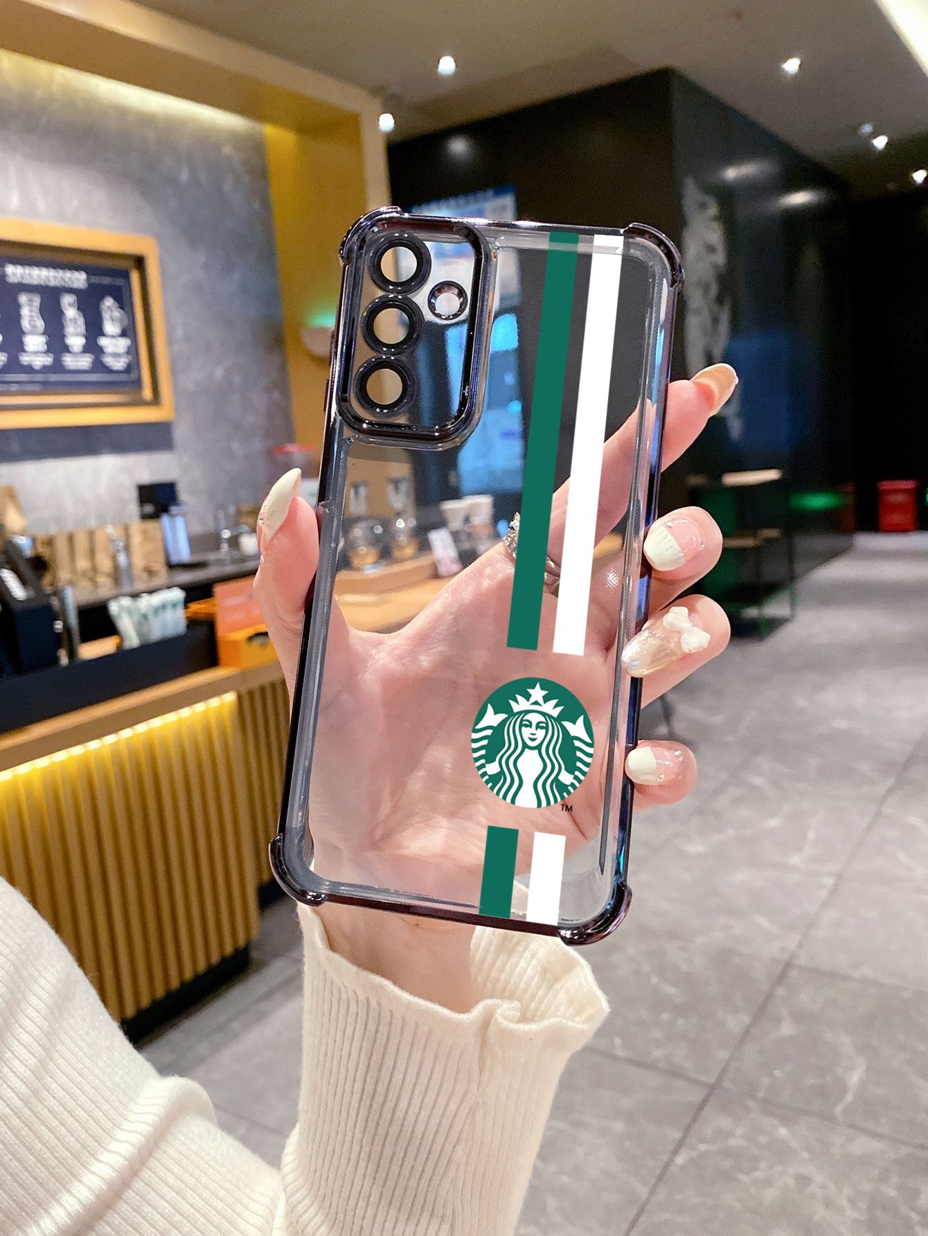 For Samsung Galaxy A15 A05 A35 A55 A14 A34 A33 A53 A73 A32 A56 A36 A06 A16 Starbucks Plating Frame Clear Phone Case Anti-shock Cover