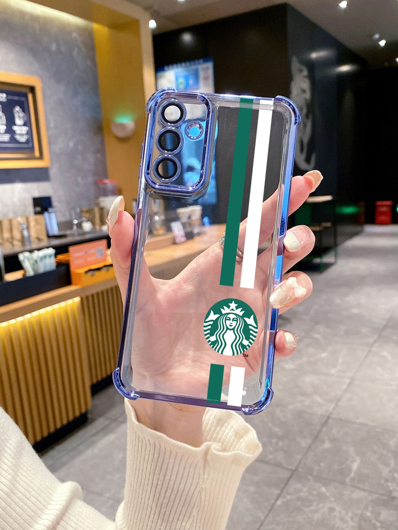 For Samsung Galaxy A15 A05 A35 A55 A14 A34 A33 A53 A73 A32 A56 A36 A06 A16 Starbucks Plating Frame Clear Phone Case Anti-shock Cover