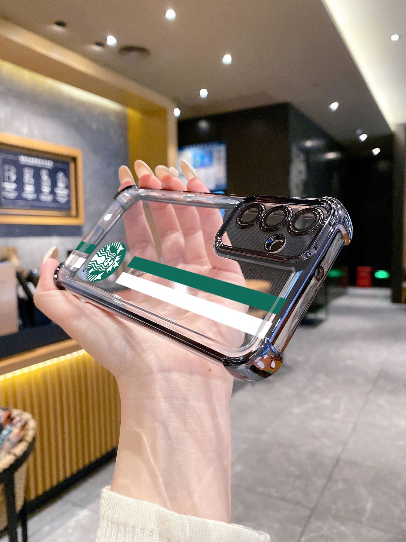 For Samsung Galaxy A15 A05 A35 A55 A14 A34 A33 A53 A73 A32 A56 A36 A06 A16 Starbucks Plating Frame Clear Phone Case Anti-shock Cover