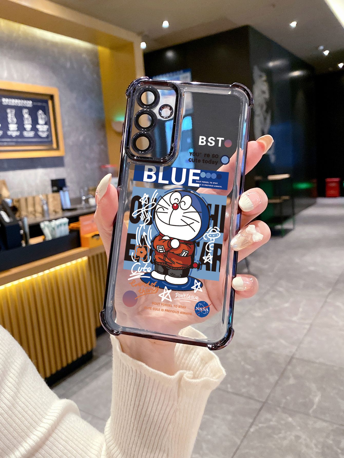 For iPhone 16 15 Pro Max 14 Plus 13 12 11 XR 8 7 SE 2022 XS Cool Doraemon Plating Frame Clear Phone Case Anti-shock Cover