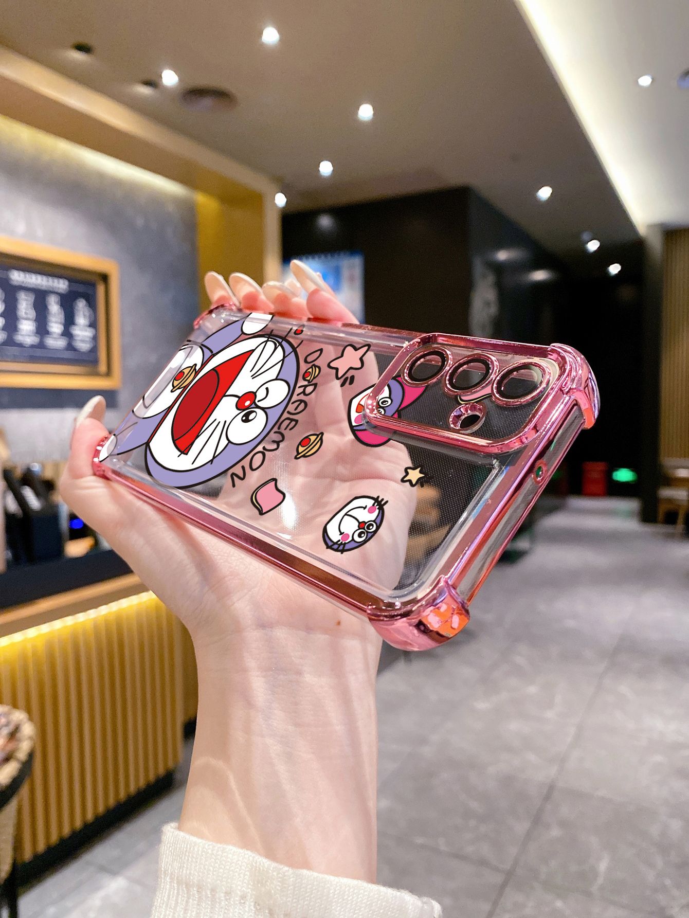 For iPhone 16 15 Pro Max 14 Plus 13 12 11 XR 8 7 SE 2022 XS Cool Doraemon Plating Frame Clear Phone Case Anti-shock Cover