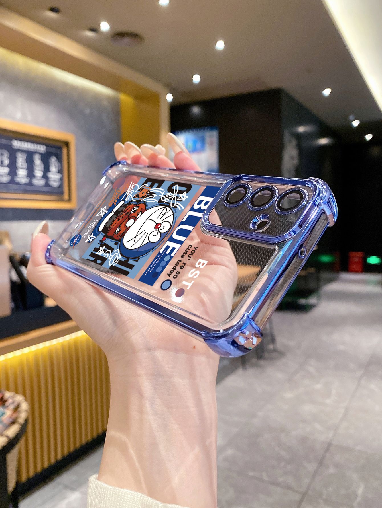 For iPhone 16 15 Pro Max 14 Plus 13 12 11 XR 8 7 SE 2022 XS Cool Doraemon Plating Frame Clear Phone Case Anti-shock Cover