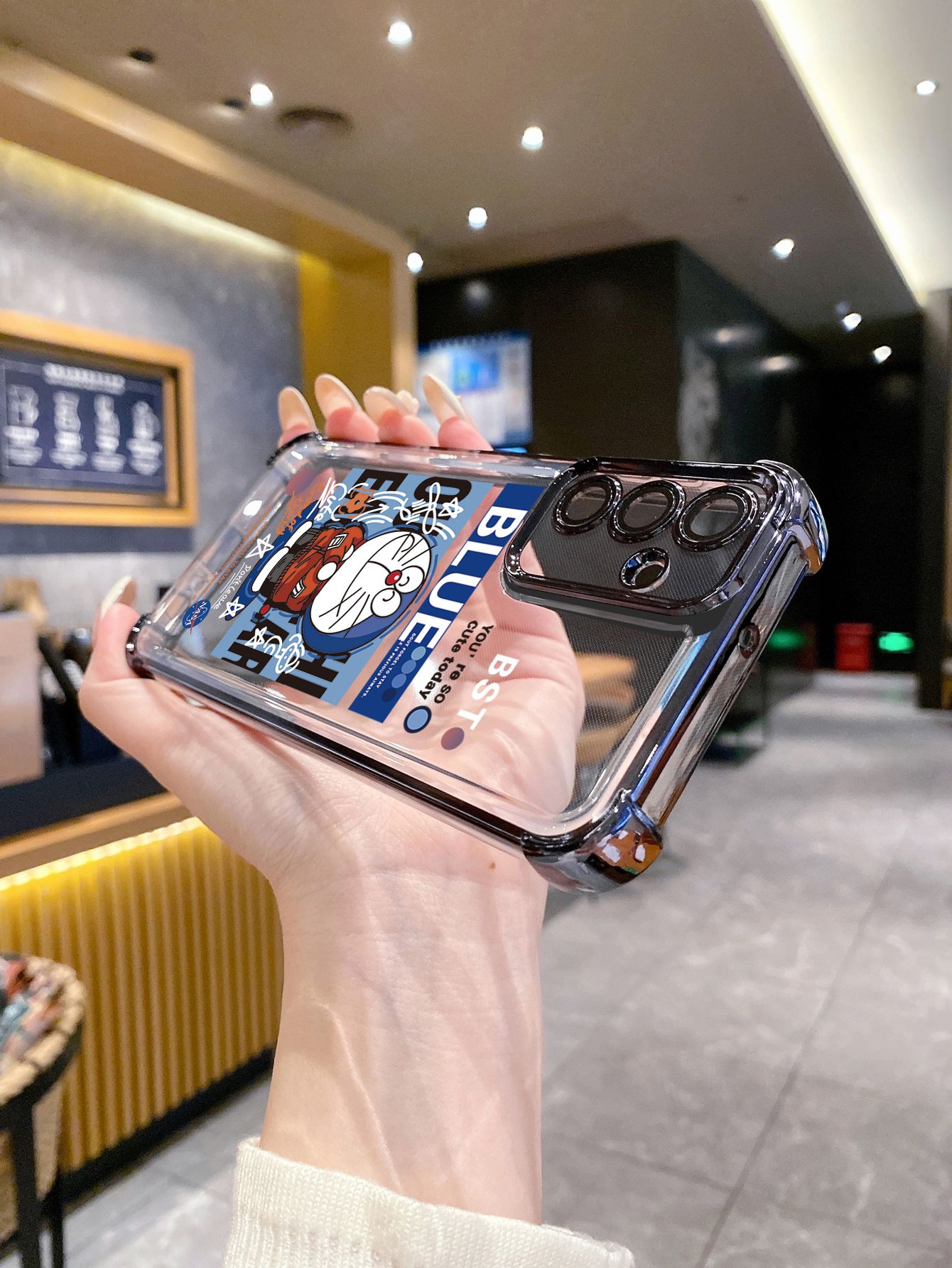 For iPhone 16 15 Pro Max 14 Plus 13 12 11 XR 8 7 SE 2022 XS Cool Doraemon Plating Frame Clear Phone Case Anti-shock Cover