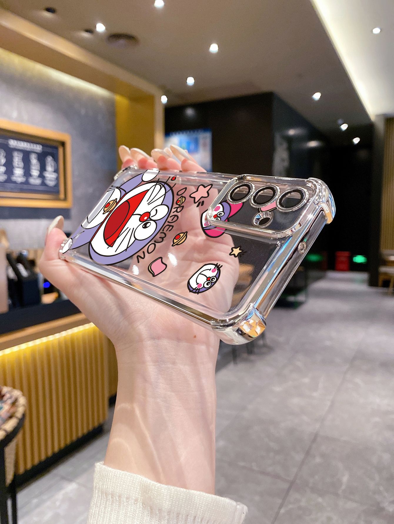For iPhone 16 15 Pro Max 14 Plus 13 12 11 XR 8 7 SE 2022 XS Cool Doraemon Plating Frame Clear Phone Case Anti-shock Cover