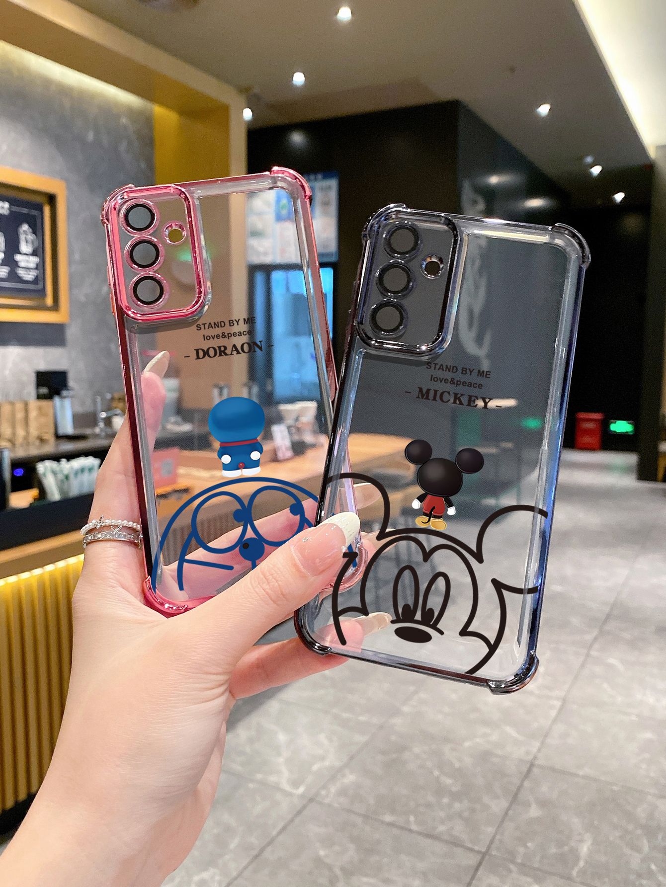 For Samsung Galaxy S25 S24 S23 Ultra S22 Plus S21 FE S20 Doraemon Mickey Plating Frame Clear Phone Case Anti-shock Cover