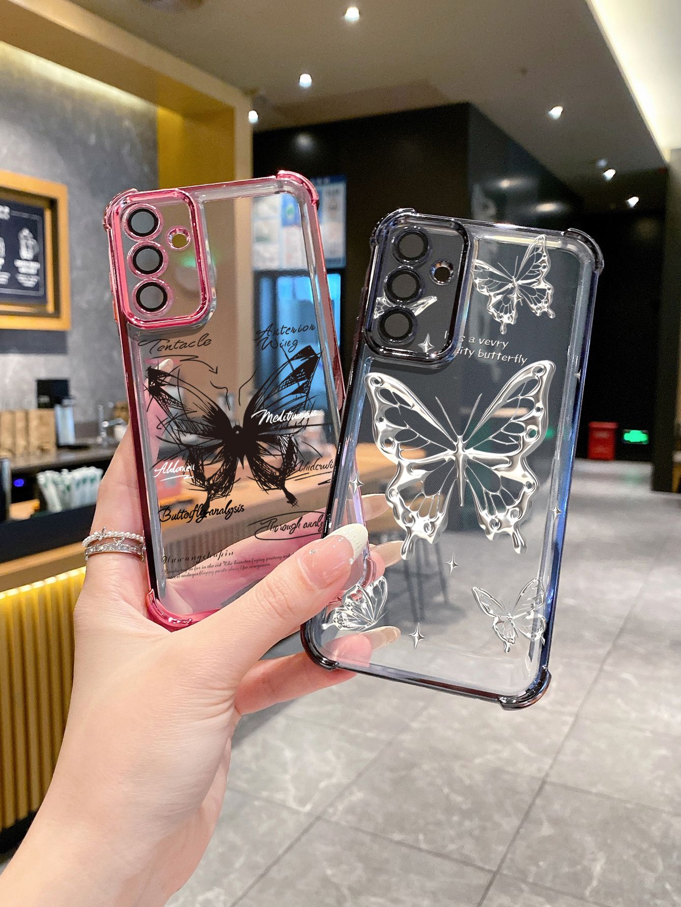 For iPhone 16 15 Pro Max 14 Plus 13 12 11 XR 8 7 SE 2022 XS Drawing Butterfly Plating Frame Clear Phone Case Anti-shock Cover