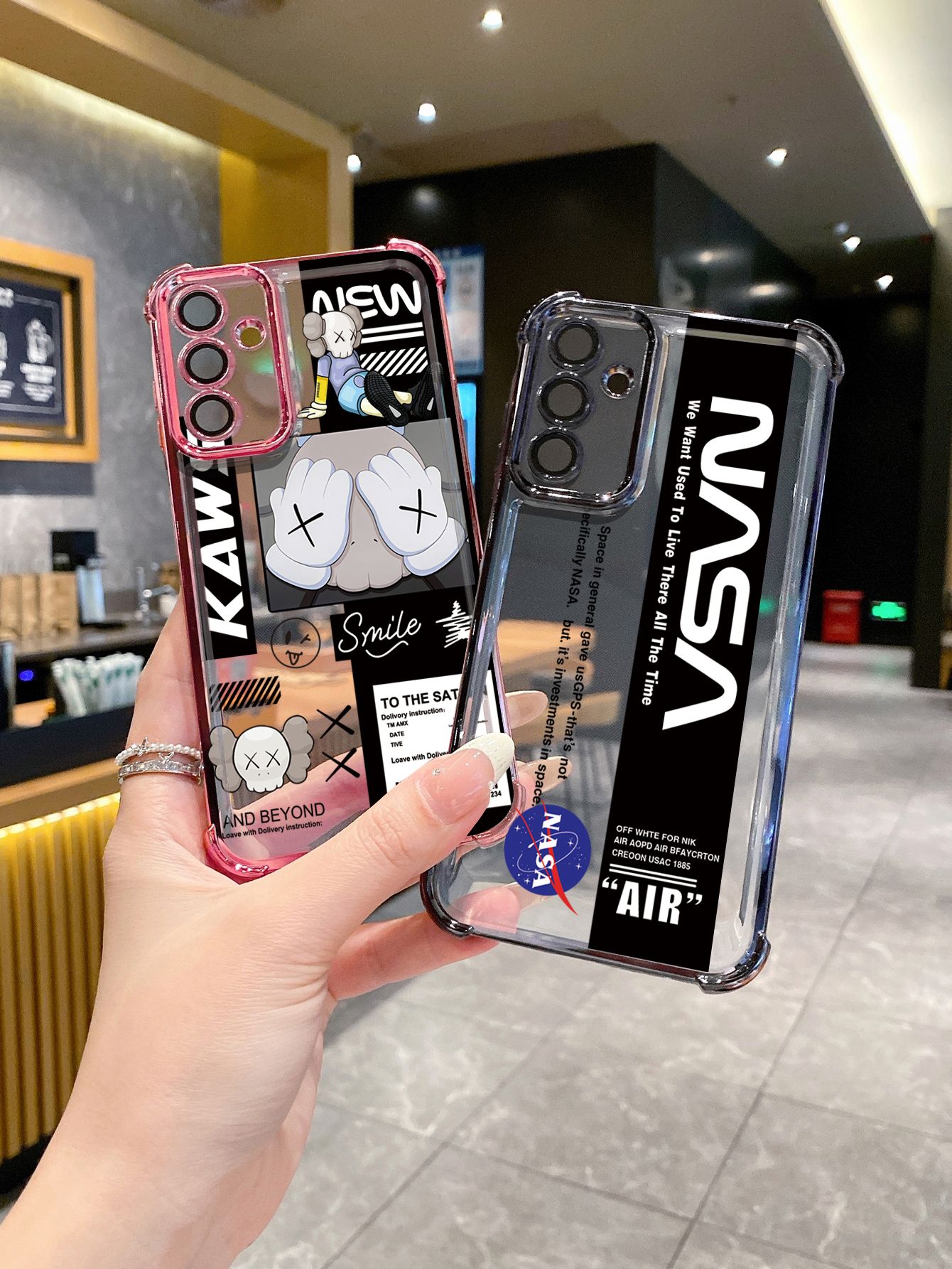 For iPhone 16 15 Pro Max 14 Plus 13 12 11 XR 8 7 SE 2022 XS NASA Kaws Plating Frame Clear Phone Case Anti-shock Cover