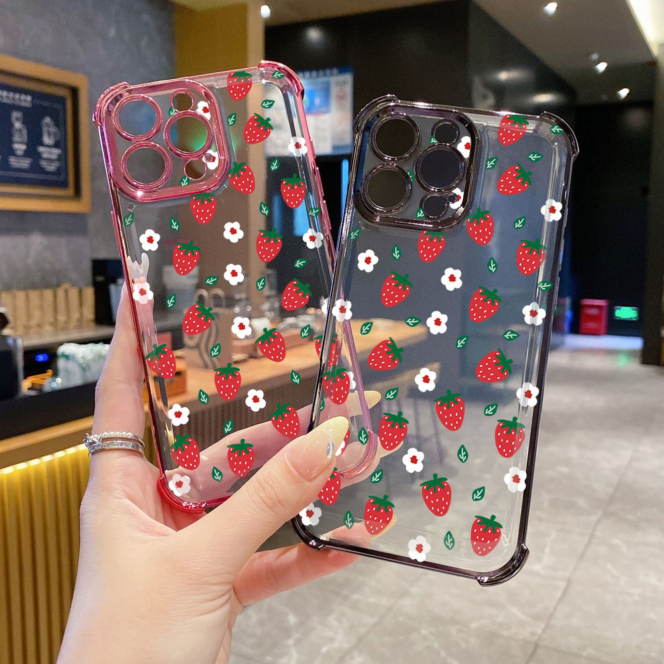 for iPhone 16 15 Pro Max 14 Plus 13 12 11 XR 8 7 SE 2022 XS Cute Strawberry  Plating Frame Clear Phone Case Anti-shock Cover