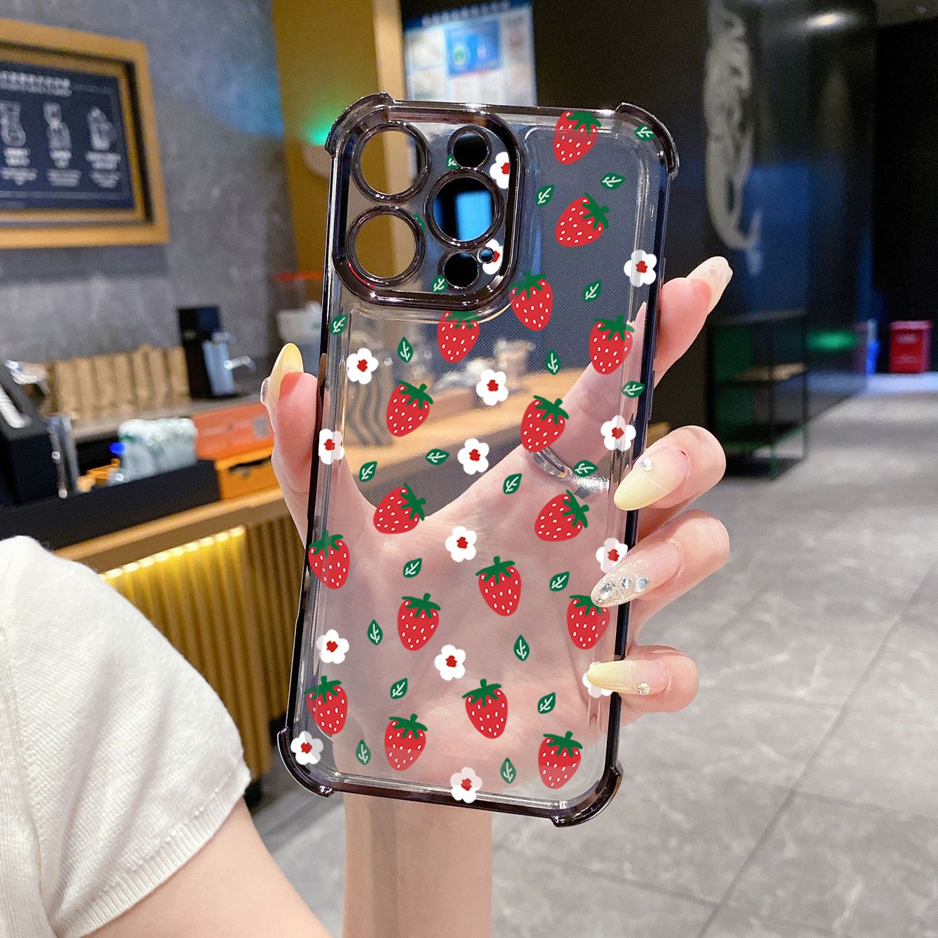 for iPhone 16 15 Pro Max 14 Plus 13 12 11 XR 8 7 SE 2022 XS Cute Strawberry  Plating Frame Clear Phone Case Anti-shock Cover