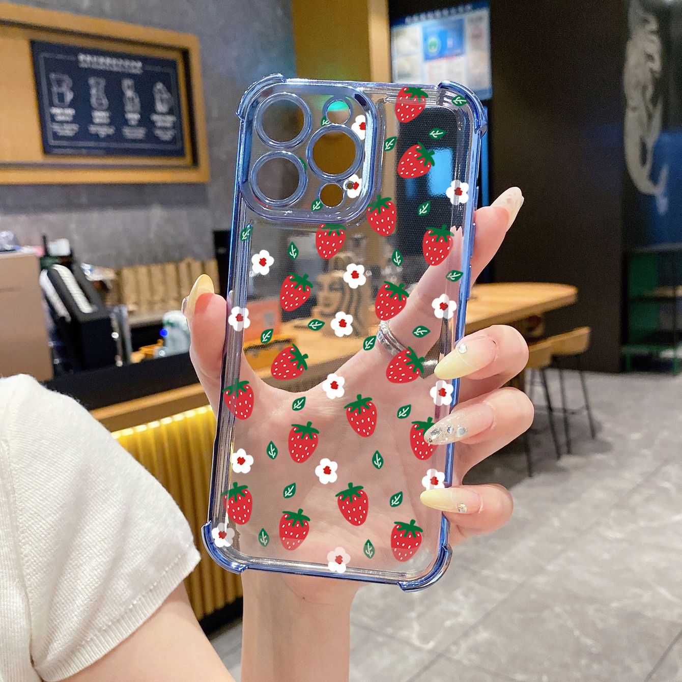for iPhone 16 15 Pro Max 14 Plus 13 12 11 XR 8 7 SE 2022 XS Cute Strawberry  Plating Frame Clear Phone Case Anti-shock Cover