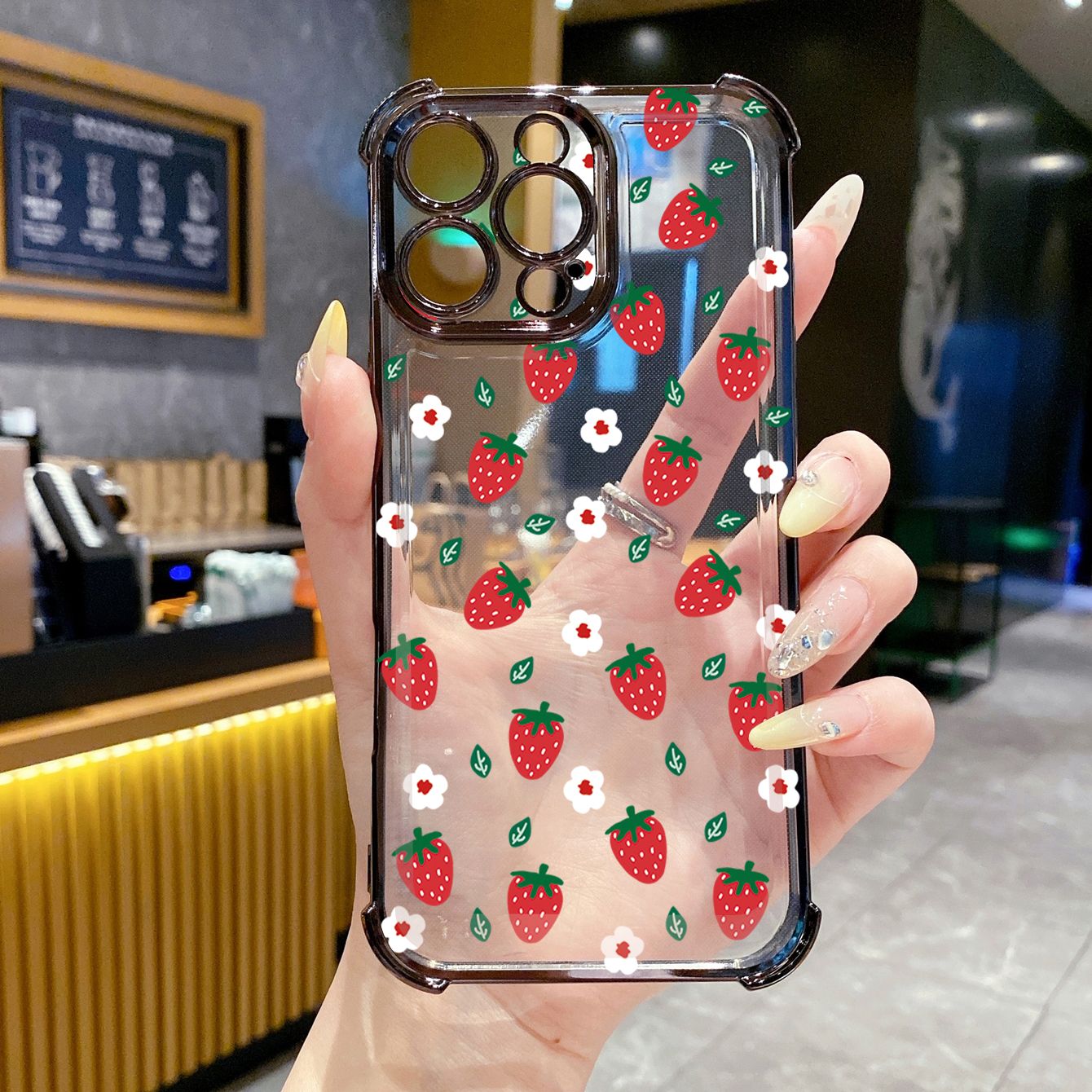 for iPhone 16 15 Pro Max 14 Plus 13 12 11 XR 8 7 SE 2022 XS Cute Strawberry  Plating Frame Clear Phone Case Anti-shock Cover