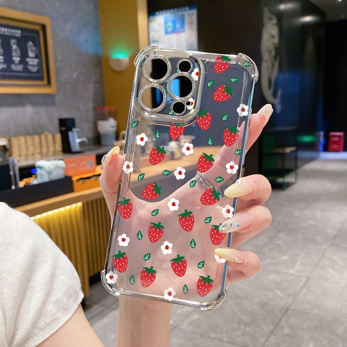 for iPhone 16 15 Pro Max 14 Plus 13 12 11 XR 8 7 SE 2022 XS Cute Strawberry  Plating Frame Clear Phone Case Anti-shock Cover
