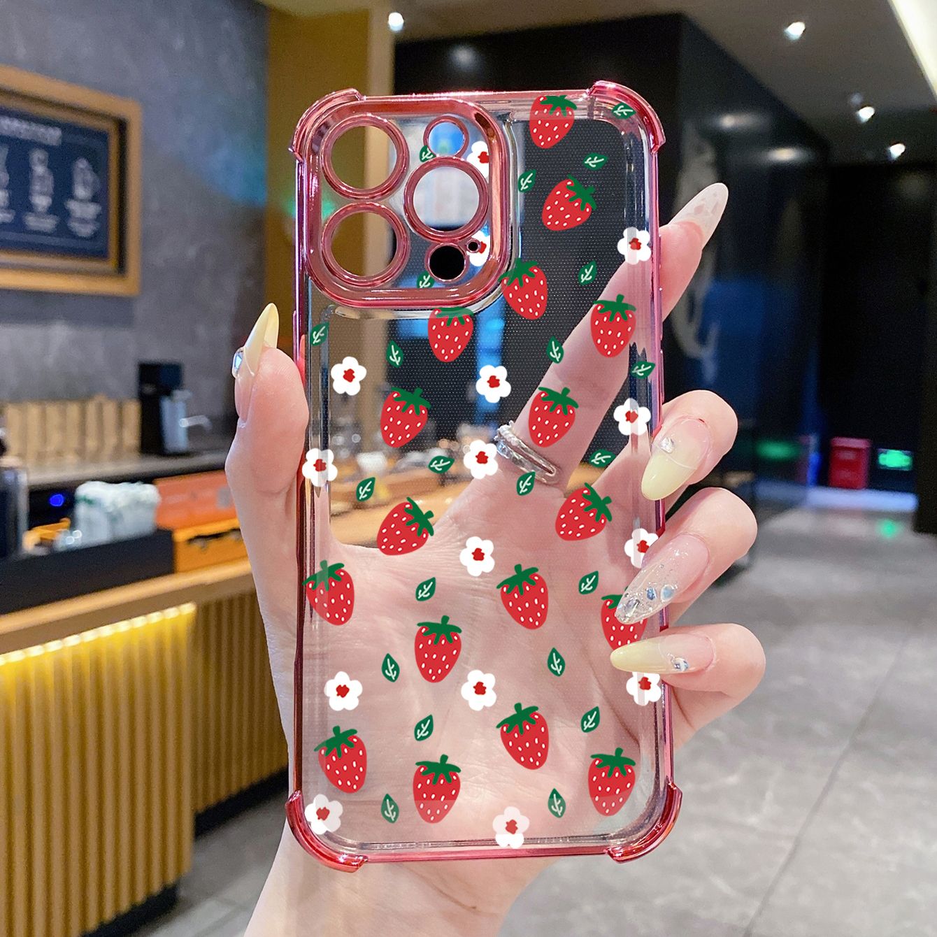for iPhone 16 15 Pro Max 14 Plus 13 12 11 XR 8 7 SE 2022 XS Cute Strawberry  Plating Frame Clear Phone Case Anti-shock Cover