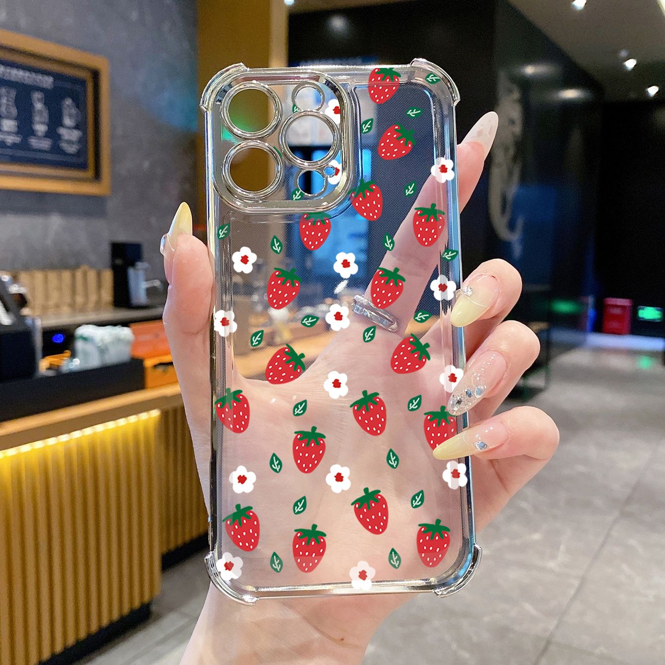 for iPhone 16 15 Pro Max 14 Plus 13 12 11 XR 8 7 SE 2022 XS Cute Strawberry  Plating Frame Clear Phone Case Anti-shock Cover