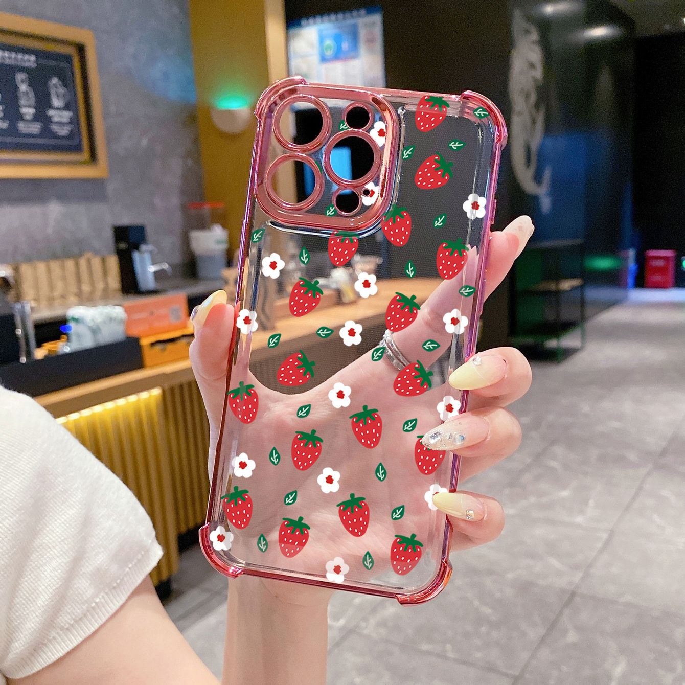 for iPhone 16 15 Pro Max 14 Plus 13 12 11 XR 8 7 SE 2022 XS Cute Strawberry  Plating Frame Clear Phone Case Anti-shock Cover