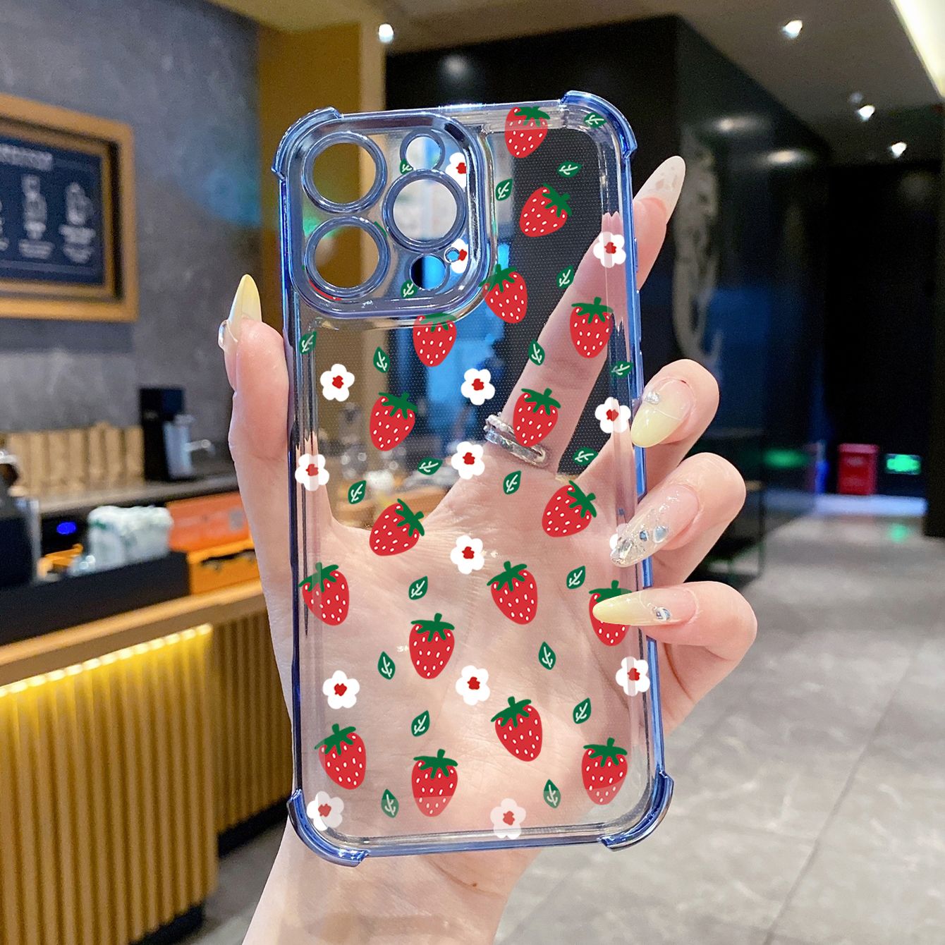for iPhone 16 15 Pro Max 14 Plus 13 12 11 XR 8 7 SE 2022 XS Cute Strawberry  Plating Frame Clear Phone Case Anti-shock Cover