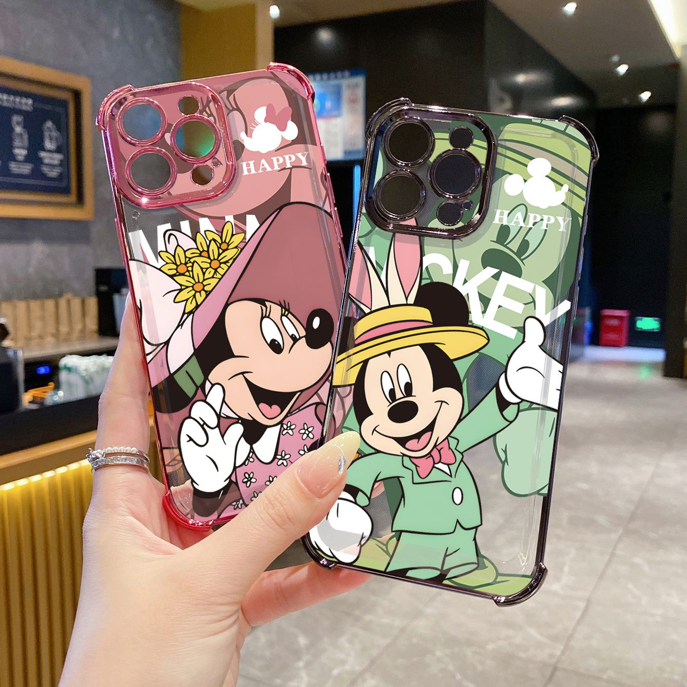 for Realme 14 Pro Plus C63 C53 C51 Note 50 Disney Happy Mickey Minnie Plating Frame Clear Phone Case Anti-shock Cover