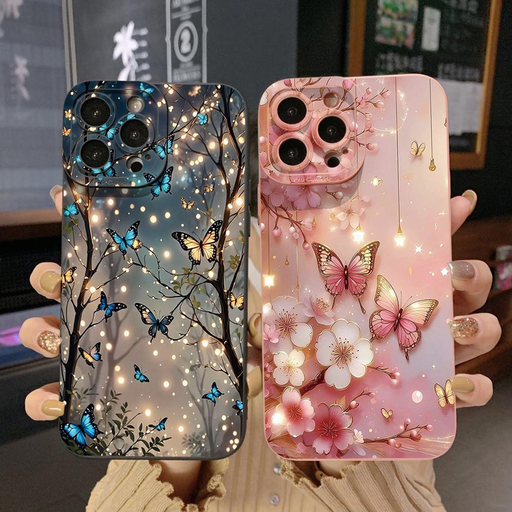 For iPhone 16 Pro Max 14 Plus 13 Pro Max 12 11 XR 8 7 SE 2022 XS Max Blue Butterfly Starlight Full Protective Case Anti Drop Cover