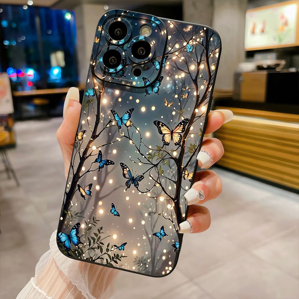 For iPhone 16 Pro Max 14 Plus 13 Pro Max 12 11 XR 8 7 SE 2022 XS Max Blue Butterfly Starlight Full Protective Case Anti Drop Cover