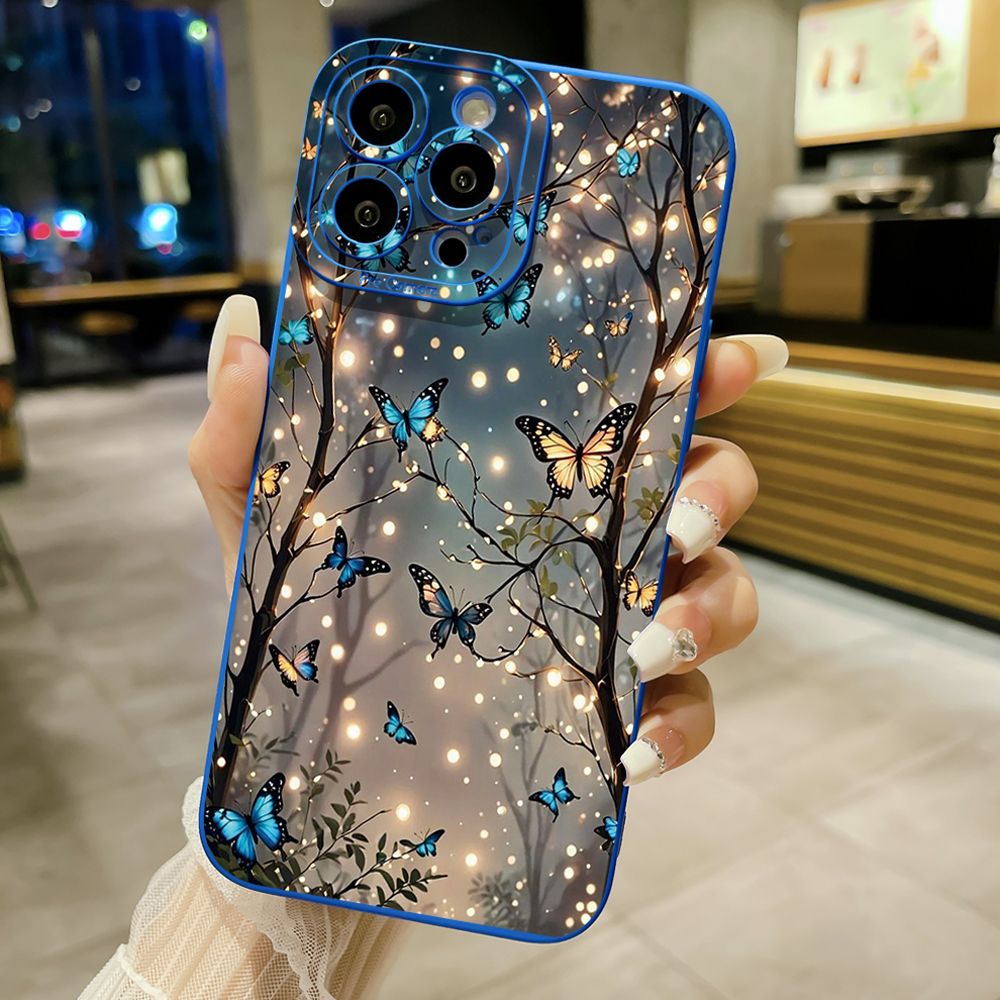 For iPhone 16 Pro Max 14 Plus 13 Pro Max 12 11 XR 8 7 SE 2022 XS Max Blue Butterfly Starlight Full Protective Case Anti Drop Cover