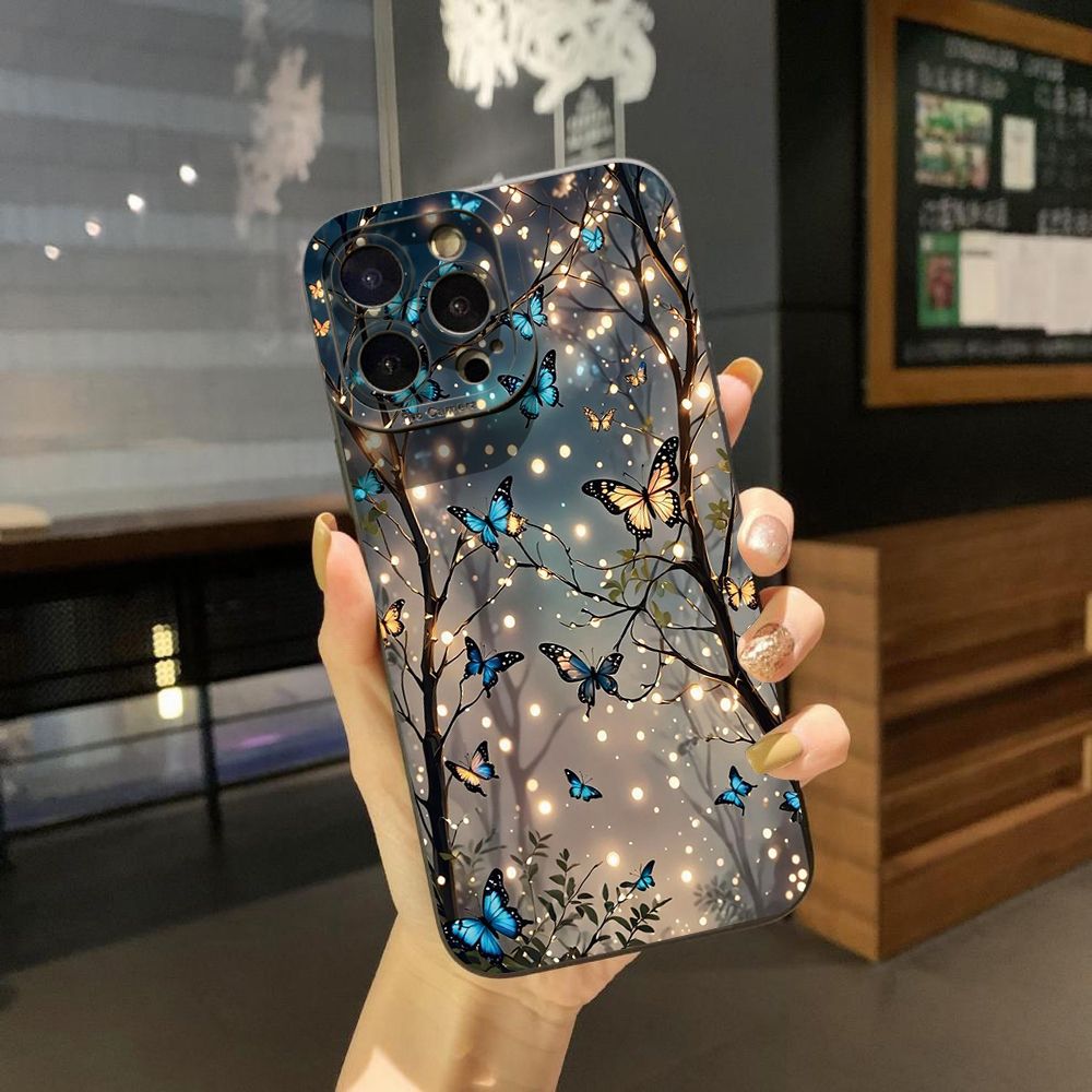 For iPhone 16 Pro Max 14 Plus 13 Pro Max 12 11 XR 8 7 SE 2022 XS Max Blue Butterfly Starlight Full Protective Case Anti Drop Cover