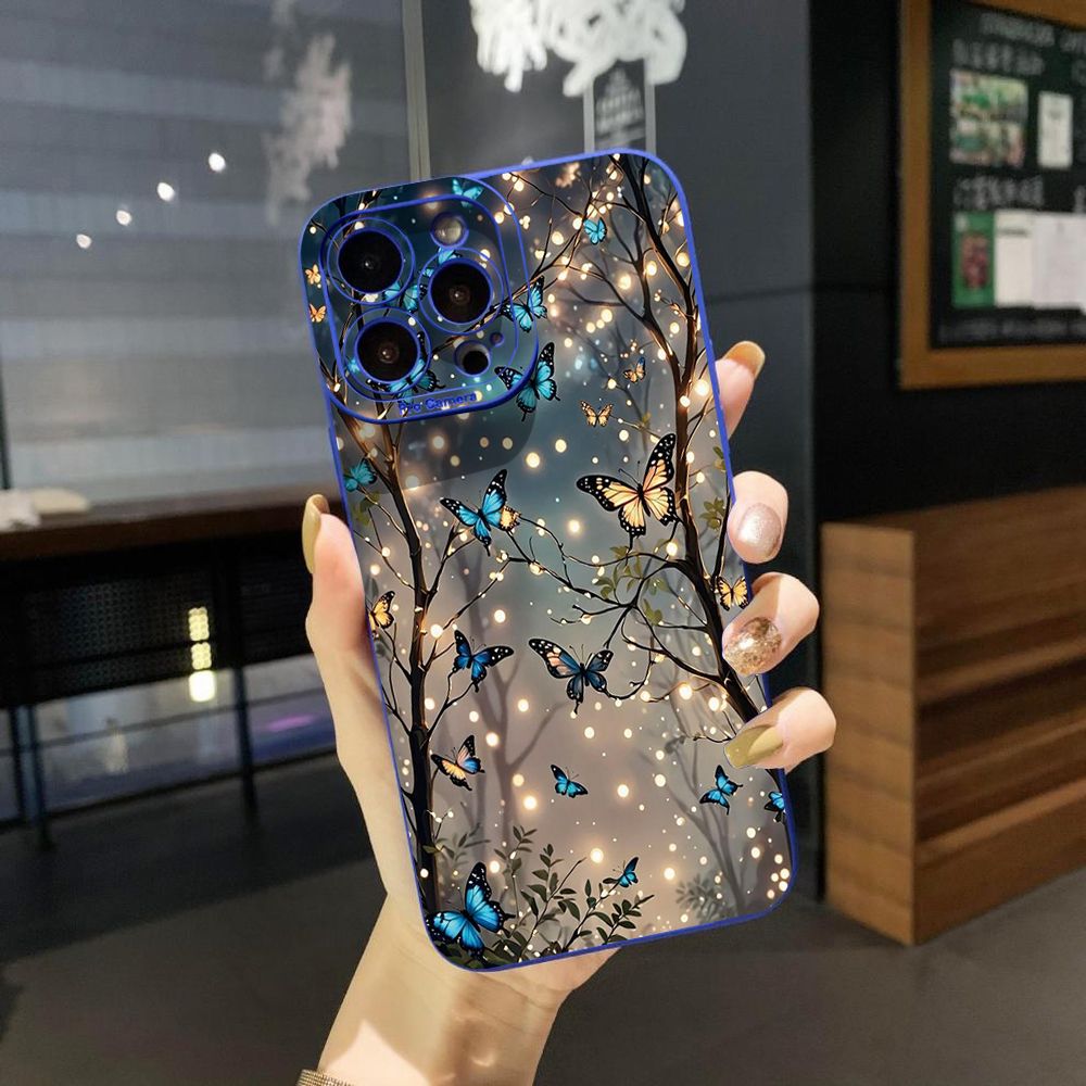 For iPhone 16 Pro Max 14 Plus 13 Pro Max 12 11 XR 8 7 SE 2022 XS Max Blue Butterfly Starlight Full Protective Case Anti Drop Cover