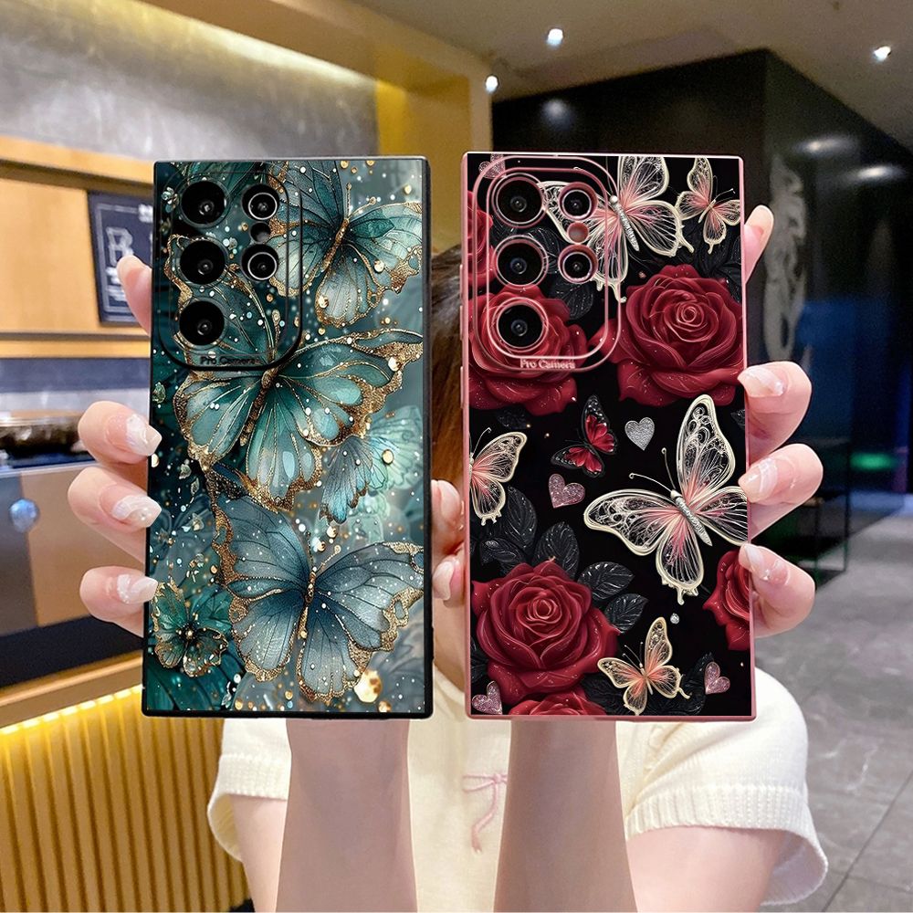 For Samsung Galaxy S24 S23 Ultra S22 Plus Note 20 S21 FE S20 Jadeite Rose Butterfly Full Protective Case Anti Drop Cover