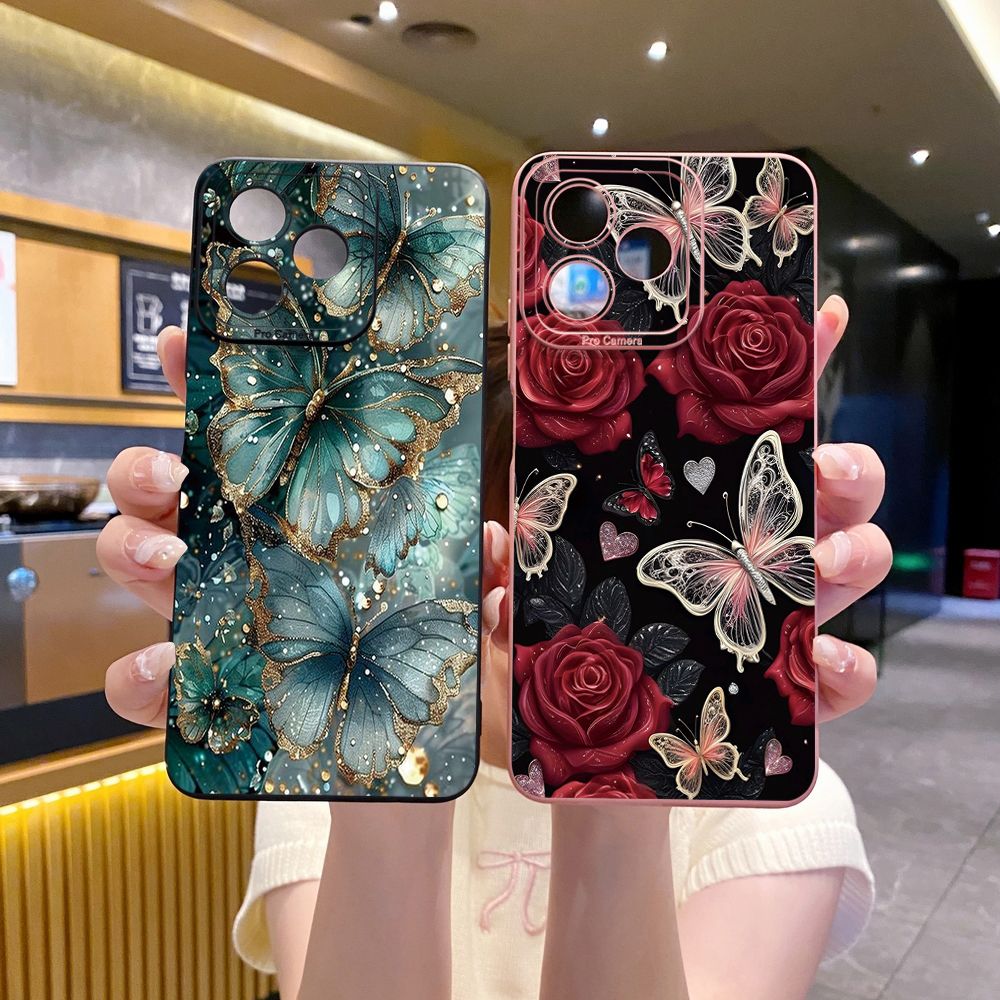 For Realme C61 C63 C65 C67 C53 C51 Note 50 60 C21 C33 C30 C35 C11 2021 C12 C15 C21Y C25Y Realme 12 13 Jadeite Rose Butterfly Full Protective Case Anti Drop Cover