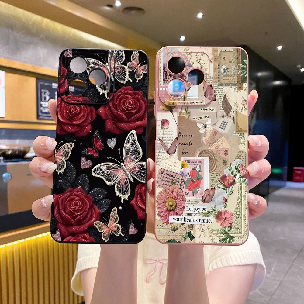 For Realme C61 C63 C65 C67 C53 C51 Note 50 60 C21 C33 C30 C35 C11 2021 C12 C15 C21Y C25Y Realme 12 13 Red Rose Butterfly Full Protective Case Anti Drop Cover