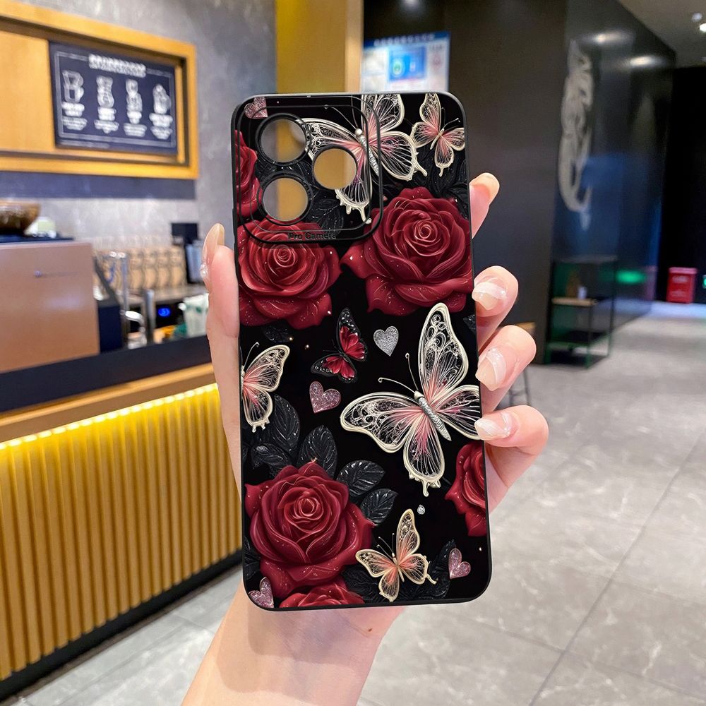 For Realme C61 C63 C65 C67 C53 C51 Note 50 60 C21 C33 C30 C35 C11 2021 C12 C15 C21Y C25Y Realme 12 13 Red Rose Butterfly Full Protective Case Anti Drop Cover