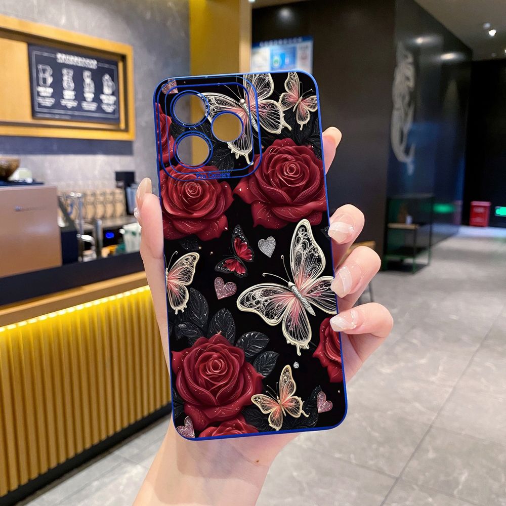 For Realme C61 C63 C65 C67 C53 C51 Note 50 60 C21 C33 C30 C35 C11 2021 C12 C15 C21Y C25Y Realme 12 13 Red Rose Butterfly Full Protective Case Anti Drop Cover