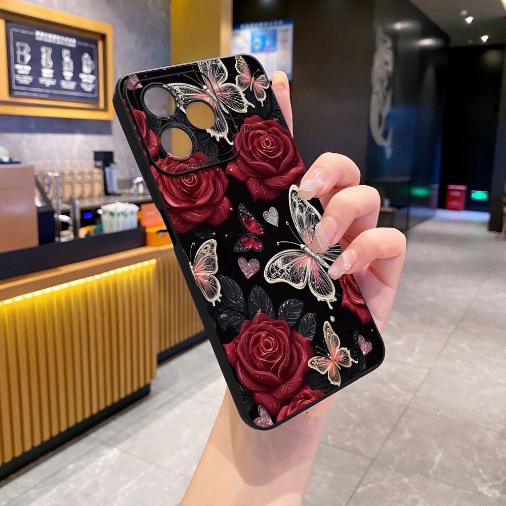 For Realme C61 C63 C65 C67 C53 C51 Note 50 60 C21 C33 C30 C35 C11 2021 C12 C15 C21Y C25Y Realme 12 13 Red Rose Butterfly Full Protective Case Anti Drop Cover