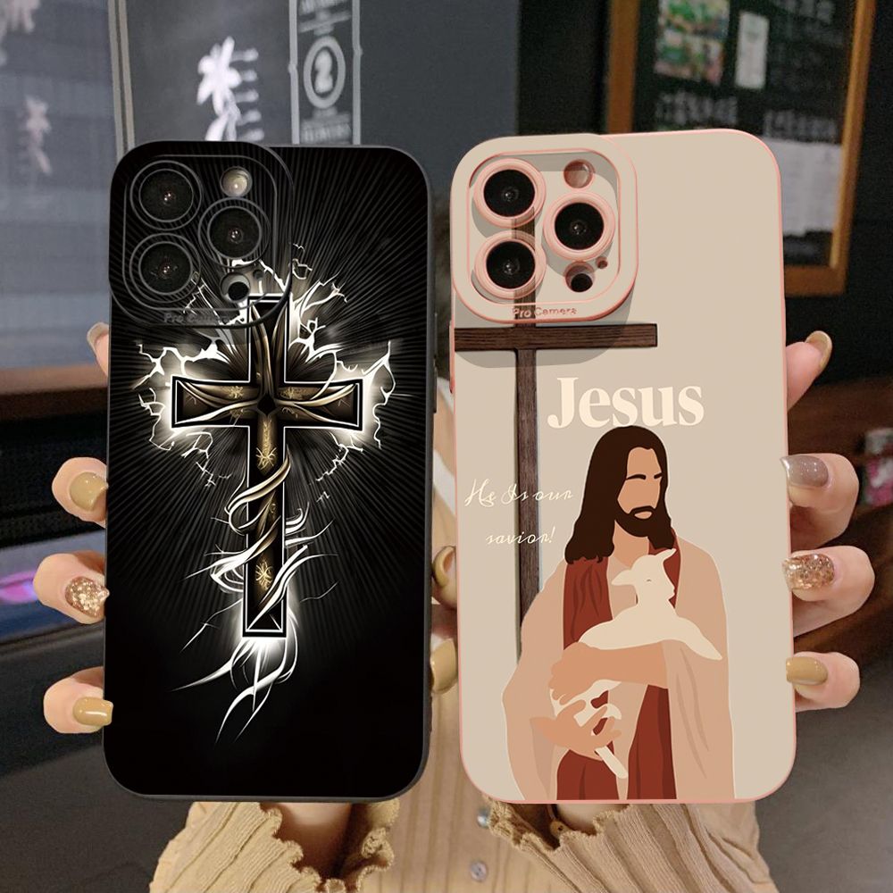 For iPhone 16 Pro Max 14 Plus 13 Pro Max 12 11 XR 8 7 SE 2022 XS Max Jesus Sheep Cross Full Protective Case Anti Drop Cover