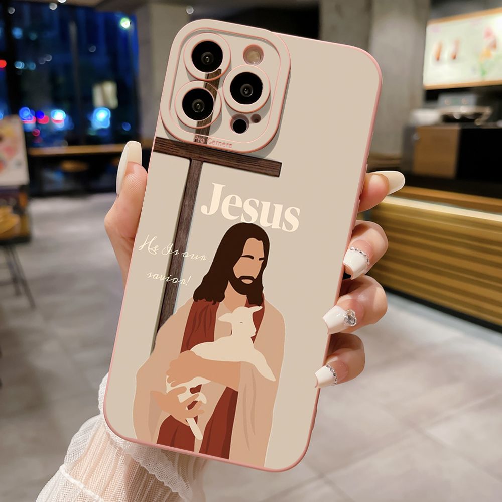 For iPhone 16 Pro Max 14 Plus 13 Pro Max 12 11 XR 8 7 SE 2022 XS Max Jesus Sheep Cross Full Protective Case Anti Drop Cover